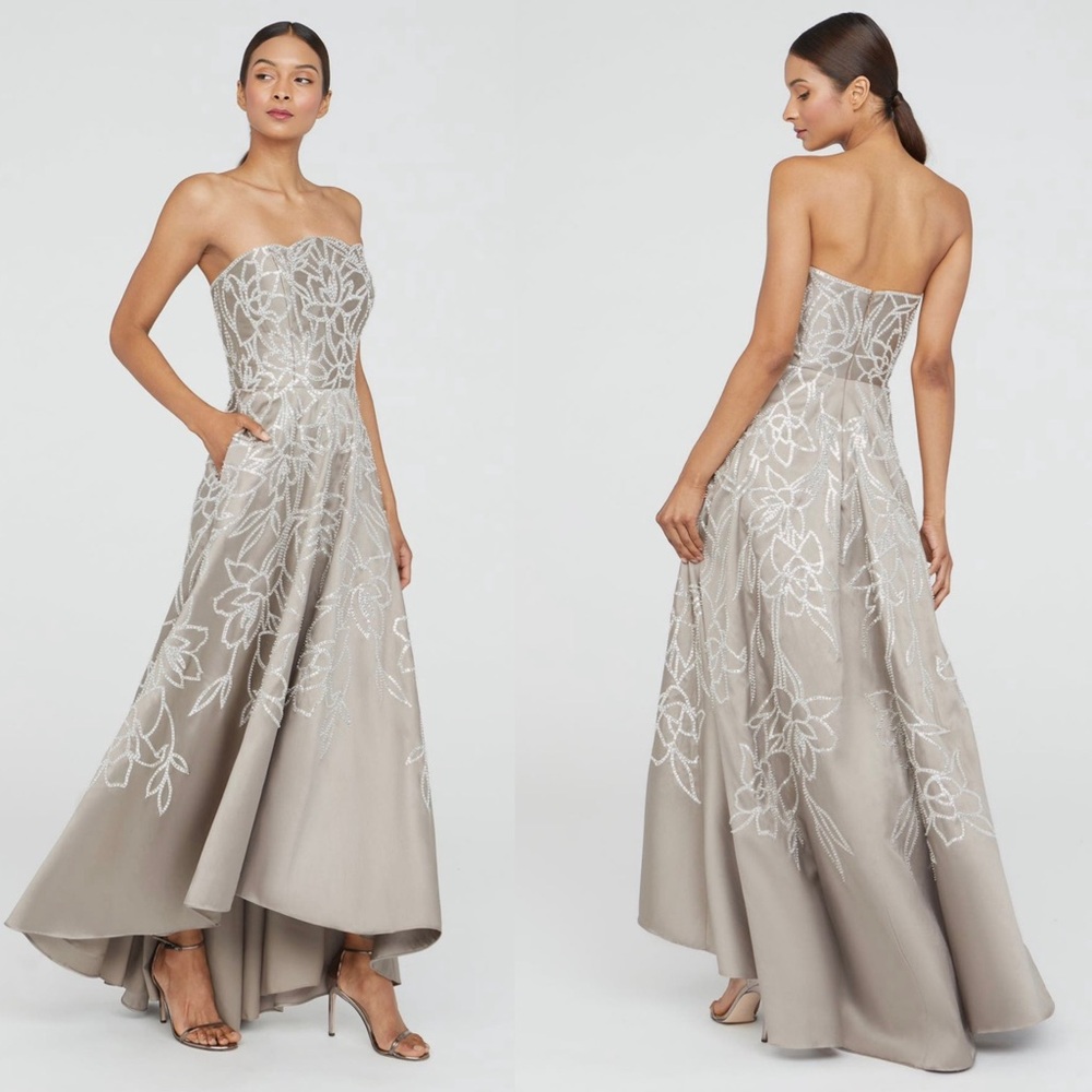 Theia Women's Pamela Embellished Mikado Strapless High Low Evening Gown Size 4 - Picture 2 of 15